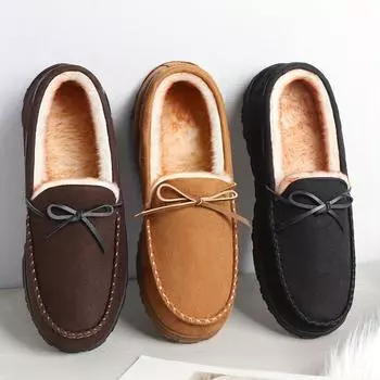 Пара однотонных мокасин с теплой плюшевой подкладкой, удобная нескользящая резиновая подошва, прочная домашняя обувь 36-37 чёрный