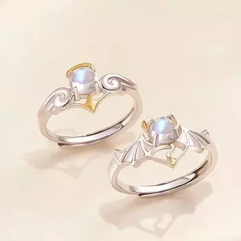 Пара открытых колец Ангел Дьявол Кольцо с лунным камнем для женщин и мужчин Открытие Регулируемое кольцо для влюбленных ювелирные изделия в подарок women angel жёлтый/серебряный