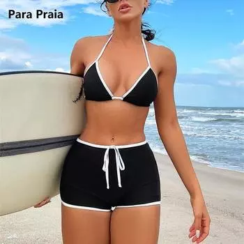 Para Praia 2024 High Cut Halter Bikini Short Set Thong High Leg Cut Female Swimsuit Women Swimwear Two Pieces Bikini Set S чёрный