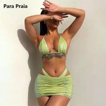 Para Praia 2024, комплект бикини из трех частей с лямкой на шее и юбкой, женский купальник, женский бразильский купальник, бандажный купальный костюм с открытой спиной S синий