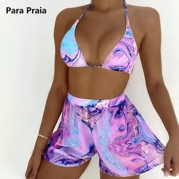Para Praia 2024, летний купальник из трех предметов с бретельками и шортами, женский бикини с лямкой на шее, сексуальный бандажный купальный костюм, женский купальник S фиолетовый