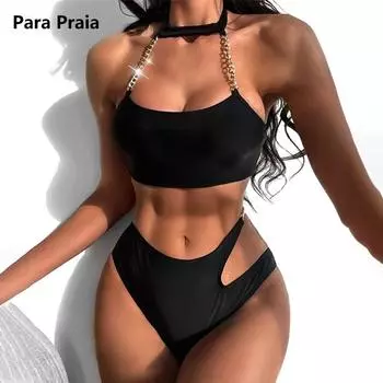 Para Praia 2024 Металлические кольца Холтер бикини комплект женский с высокой талией купальник женский купальник бандо купальный костюм для женщин S чёрный