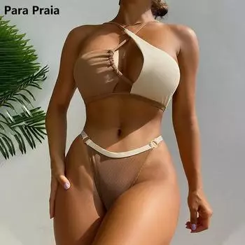 Para Praia асимметричный комплект бикини-стрингов 2024 женский лоскутный бразильский купальник пуш-ап женский купальник бандажный купальный костюм S чёрный
