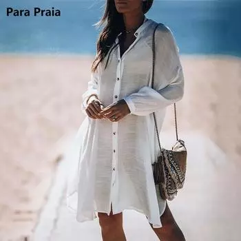Para Praia Bikini Cover Ups 2024 Пляжная одежда Хлопок Длинная рубашка Пляжное макси Длинное платье Саронг Женский свободный кардиган Купальник Covers One Size белый