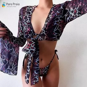 Para Praia, бикини из трех частей, 2023, купальник с лямкой на шее для женщин, купальники с накидками, бандажное бразильское бикини, купальный костюм S леопардовый