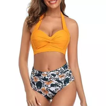 Para Praia, бикини с высокой талией и цветочным принтом, 2024, купальник с лямкой на шее и пуш-ап, женский купальник больших размеров, сексуальный купальный костюм для женщин S чёрный