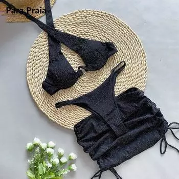 Para Praia, черные женские купальники, женский купальник, бандажный комплект из трех частей, комплект бикини с юбкой, сексуальный купальный костюм на шнуровке S чёрный