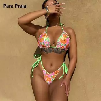 Para Praia Цветочный Холтер Высокий Купальник 2024 Женский Бразильский Комплект Бикини Стринги Купальники Бандажные Купальный Костюм Пляжная Одежда S оранжевый