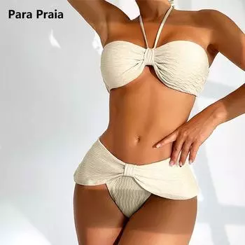 Para Praia Холтер бандо бикини 2024 Волна оборками купальник женский Push Up купальники сексуальный бикини купальный костюм пляжная одежда S бежевый