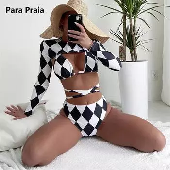 Para Praia Halter три предмета с длинными рукавами бикини комплект с высокой талией женский купальник крест-накрест женский купальник купальный костюм S чёрный