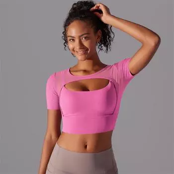 Para Praia Hollow Out Breathable Fitness T-Shirt 2024 Sportswear Women Gym Clothing Sports Workout Yoga Tshirt 7040 pink S розовый