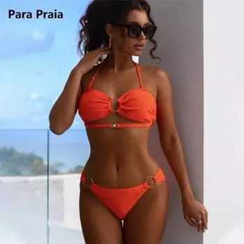 Para Praia Холтер Бандо Бикини Женский Купальник Выдалбливают Купальники Пуш-Ап Пляжная Одежда Сексуальный Купальник для Женщин S оранжевый