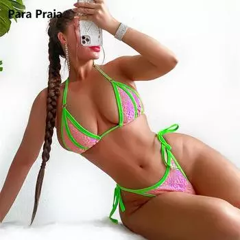 Para Praia Холтер Бикини Розовый Лоскутный Женский Купальник-стринги 2024 Бандажный Женский Купальник Сексуальный Комплект Бикини Купальный Костюм S розовый