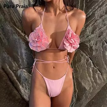 Para Praia Холтер с высоким вырезом комплект бикини 2024 сексуальный 3D купальник с цветочным принтом женский купальник бразильский бикини вокруг повязки купальный костюм S розовый