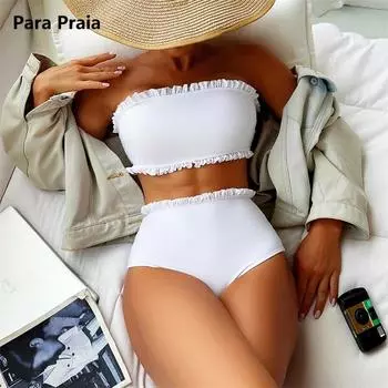 Para Praia комплект бикини с рюшами-бандо 2024, купальник с эффектом пуш-ап, женский бразильский купальник без бретелек, купальный костюм с высокой талией для женщин S белый