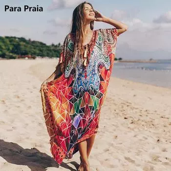 Para Praia, красочные накидки на бикини, пляжная одежда, кимоно, быстросохнущий пляжный халат, женское длинное платье, саронг, женский свободный джемпер One Size