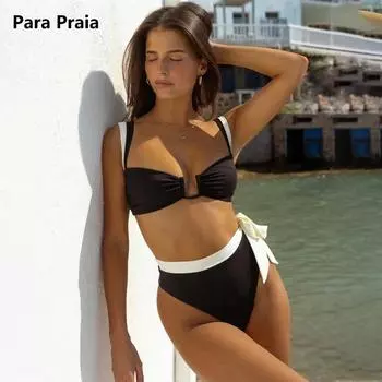 Para Praia Лоскутное бикини-бандо с v-образным вырезом, комплект 2023, сексуальный купальник с высокой талией, женский купальник, бандажный бикини, купальный костюм S чёрный