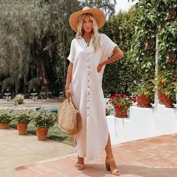 Para Praia, накидки на бикини, пляжная одежда с короткими рукавами, кимоно, пляжный халат, длинное платье макси, саронг, женский свободный кардиган, чехлы для купальника One Size бежевый