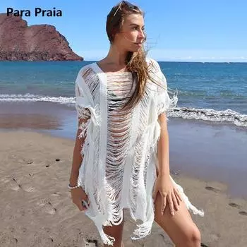 Para Praia, новая летняя рубашка «летучая мышь», вязаный крючком, ажурный купальник, накидка, 2024, сексуальное платье макси в горошек с кисточками, женское бикини, пляжная одежда One Size хаки