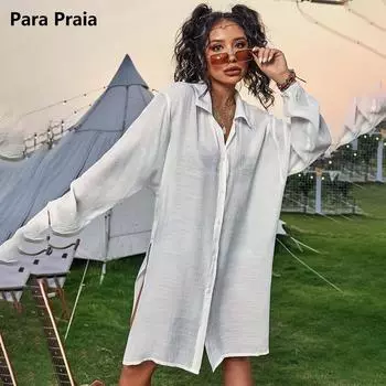 Para Praia Новый летний купальник, накидка с длинным рукавом, рубашка 2024, длинное сексуальное пляжное платье макси в горошек, женское бикини, пляжная одежда One Size армия зеленый