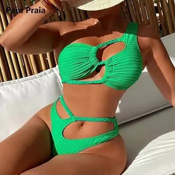 Para Praia одно плечо выдалбливают бикини комплект пуш-ап женский купальник бразильский купальник новый вырез купальный костюм S зелёный