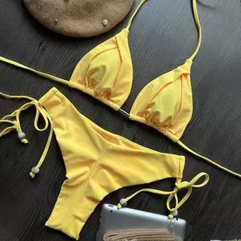 Para Praia однотонный бразильский комплект бикини 2023, купальник с высоким вырезом, женские стринги, купальник, бандажный купальный костюм, пляжная одежда S