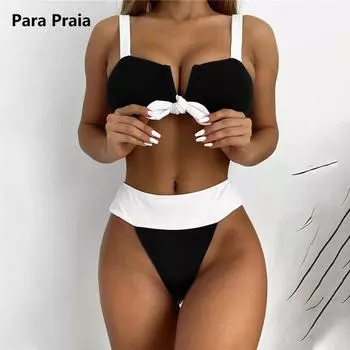 Para Praia пикантные 2024 бандо бикини галстук женский купальник лоскутное комплект бикини с высокой талией купальник летний купальный костюм S чёрный
