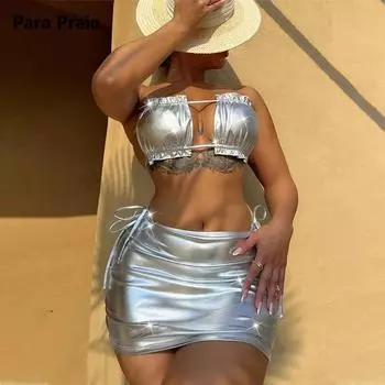Para Praia Серебряный бандо женский купальник женский купальник бандаж из трех частей бикини комплект с юбкой завязками купальный костюм S серебряный