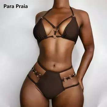 Para Praia, сексуальное бикини с высоким вырезом, женский купальник с кольцом, бандажные микро-стринги, комплект бикини с высокой талией, купальный костюм, женский купальный костюм S чёрный