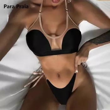 Para Praia, сексуальное сетчатое бикини в стиле пэчворк, 2024, женский бразильский комплект бикини, бандажный купальник, стринги, купальный костюм для женщин S чёрный