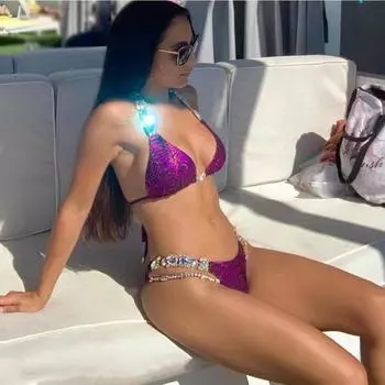 Para Praia Сексуальные летние стразы бразильские бикини пуш-ап купальники женские цепочки купальник халтер бикини из двух частей купальный костюм S фиолетовый