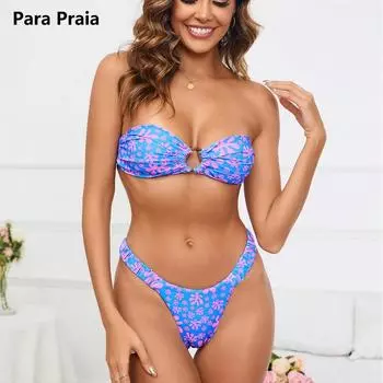 Para Praia сексуальные стринги бикини с цветочным принтом без бретелек бандо купальник женский бразильский купальник 2024 стринги бикини повязки купальный костюм S