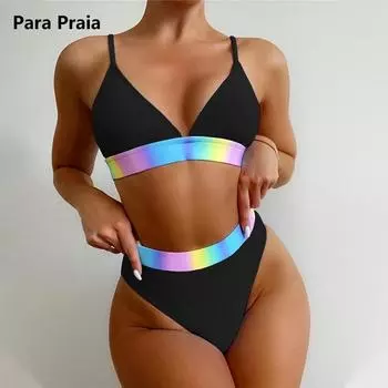 Para Praia Сексуальный бикини с высокой талией 2024 Холтер Женский купальник Лоскутный комплект бикини Купальник Женский купальный костюм Push Up S чёрный