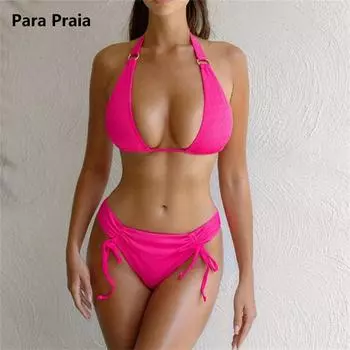 Para Praia сексуальный комплект бикини с высоким вырезом и бретелькой через шею 2024 бразильский женский купальник женский купальник из двух частей на завязках купальный костюм S розы красного