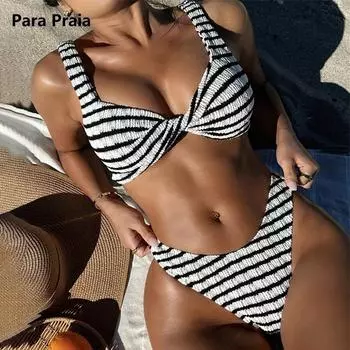 Para Praia сексуальный черный белый полосатый бандо бикини комплект женский купальник 2024 бразильский купальник женский бандажный купальный костюм S