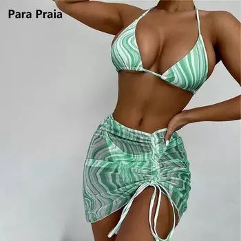 Para Praia волнистый принт комплект из 3 предметов бикини с лямкой на шее 2024 юбка купальник женский купальник с высокой талией на шнурке женский летний бикини S синий