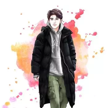 Пара пуховиков, мужских и женских, длинных до пят, голые звезды имеют одинаковую форму китайской оперы, среднюю и длинную поверх S чёрный