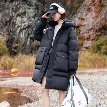 Пара пуховиков женская зимняя одежда средняя и длинная толстая 2024 новая корейская версия 90 утиный пух с капюшоном модное пальто пальто S (recommended within 40kg) чёрный