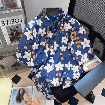 Пара японских рубашек Harajuku, рубашка большого размера с короткими рукавами для женщин, уличная блузка с гавайским принтом и цветочным геометрическим принтом M синий