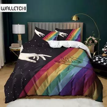 Пара Радуга пододеяльник комплект микрофибры держаться за руки и сравнивать сердца радуга узор двойной пододеяльник двойной для пары влюбленных EU single(135x200cm)