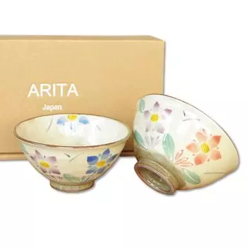 Пара рисовых рисовых подарков Arita ware рисовый цветок сделано в Японии парная чаша, подарок, чаши, в коробке, стильный, чаша, горечавка, коричневый