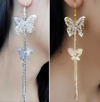 Пара серег женские двухслойные, бабочка, стразы, крючок, линейная банкетка, длинная кисточка серебряный