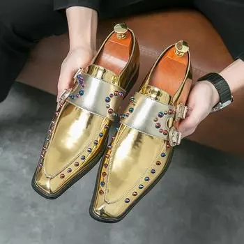 Пара синих ботинок Enchantress Chelsea Gold с острым носком на высоком каблуке большого размера, мужские кожаные туфли с металлическими шипами, мокасины 34