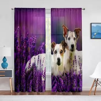 Пара собак, лежащих на цветах, лавандовые тюлевые шторы для гостиной, спальни, кухни, декор, шифоновая прозрачная вуаль, оконная занавеска 1 PCS W100XH250cm&Rod Pocket