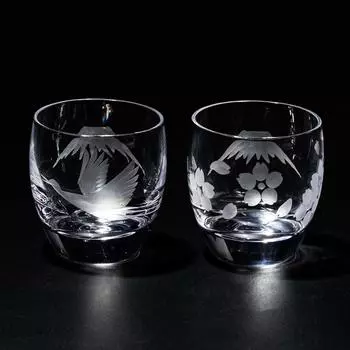 Пара стаканов для холодного сакэ Kobo Edo Kiriko Fuji с журавлями и цветущей сакурой в подарочной коробке. Сделано в Японии [официальный представитель Taimuro] г.