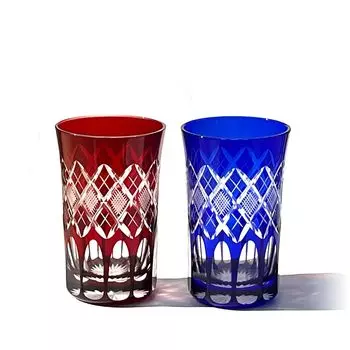 Пара стаканов Kobo Edo Kiriko Yarai Uoko Crest TB90419RB в деревянной коробке, сделано в Японии [Официальный представитель Taimuro] (Красный/Рури)