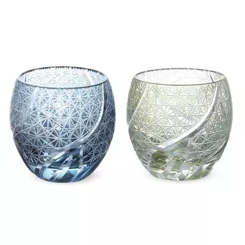 Пара стеклянных стаканов Kiriko для японского сакэ Ochoco 100 мл, грубая резьба, чернила Komon, сине-зеленый №764904, J-kitchens, в форме яйца, 5,55,9 см и