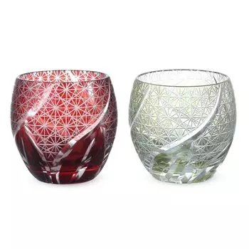 Пара стеклянных стаканов Kiriko для японского сакэ Ochoco 100 мл, грубо вырезанные, с гравировкой на красно-зеленом дне, №755575, J-kitchens, в форме яйца, 5,55,9 см и