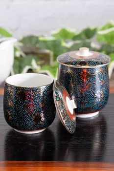 Пара стильных чайных чашек Kutani из японского железа с синим зерном, изготовленных в Японии, посуда, крышка, парная чайная чашка, чайная чашка, бренд, столовые приборы,