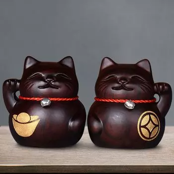 Пара талисманов Манеки-Нэко, товары фэн-шуй, резьба по дереву, украшения (высота 8см x ширина 7,5см x глубина 6см)